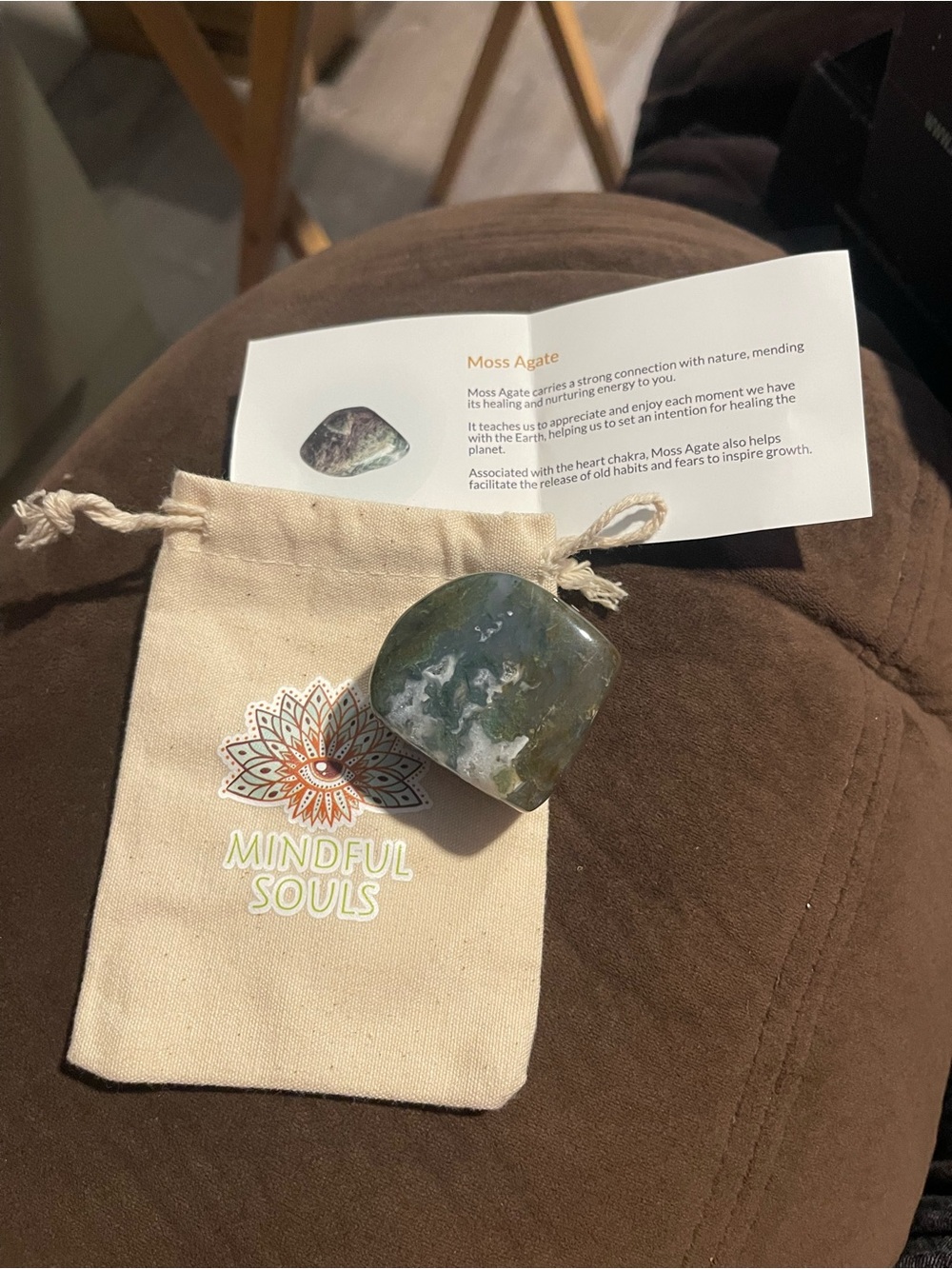 Mindful Souls Moss Agate Palm Stone with Pouch